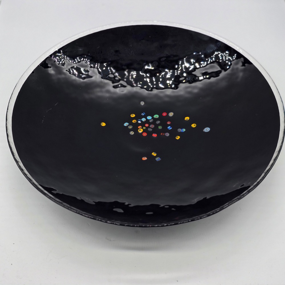 Yalos Casa Murano Millefiori Centerpeice Bowl 14 In‎ Textured Black Glass Italy